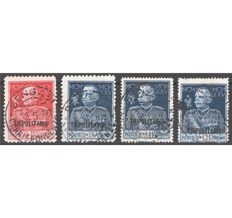 Tripolitania - 1926 - Giubileo del Re, serie n° 23/24 + 26/27 senza il valore da 1,25 £. Cat. € 200 (U)
