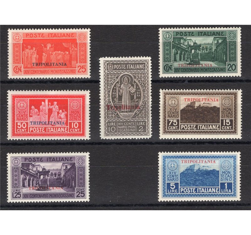 Tripolitania - 1929 - Montecassino, serie n° 54/60. Cert.: IC. Cat. € 300 (**)