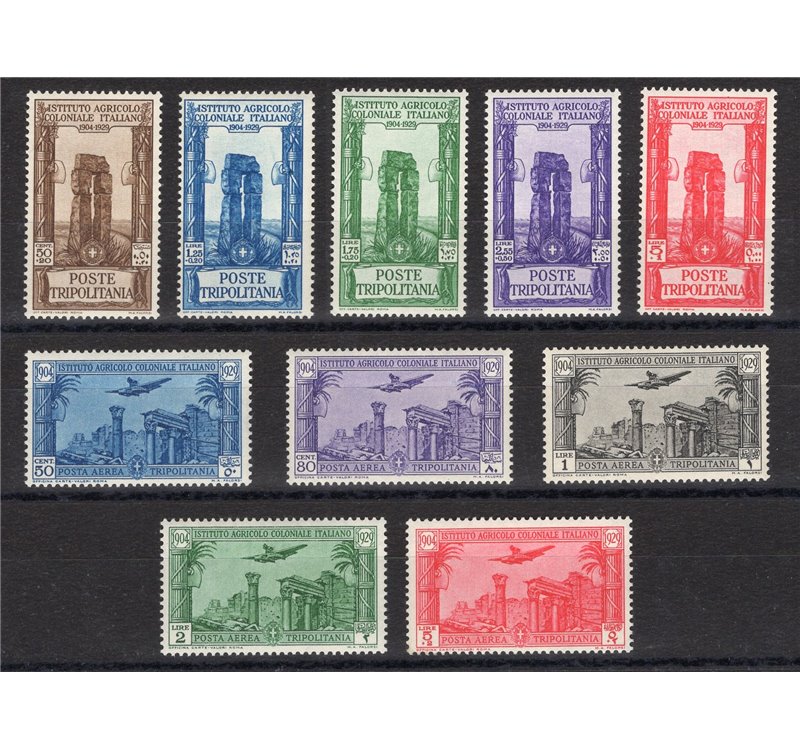 Tripolitania - 1930/31 - Istituto Coloniale Agricolo, serie n° 73/77 + P.A. 17/21. Cert.: IC. Cat. € 365 (**)