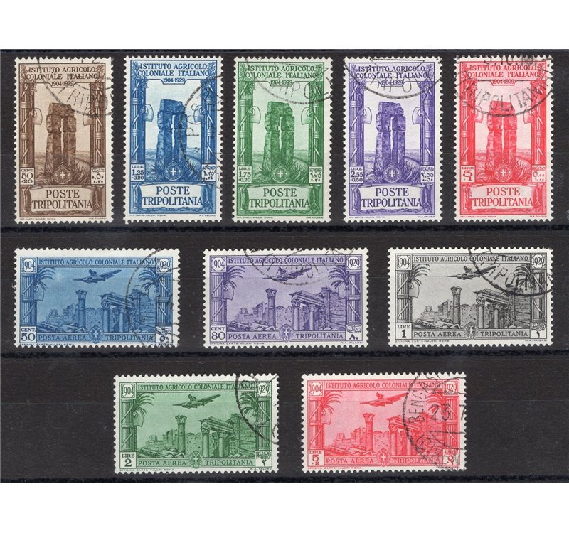 Tripolitania - 1930/31 - Pro Istituto Coloniale Agricolo, serie n° 73/77 + P.A. 17/21 con annulli non garantiti in quanto poco l