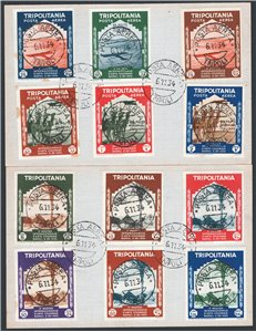 Tripolitania - 1934 - Mostra d'Arte Coloniale, serie n° 94/99 + P.A. 41/46 su due cartoncini. Cat. € 450 (U/Fr)