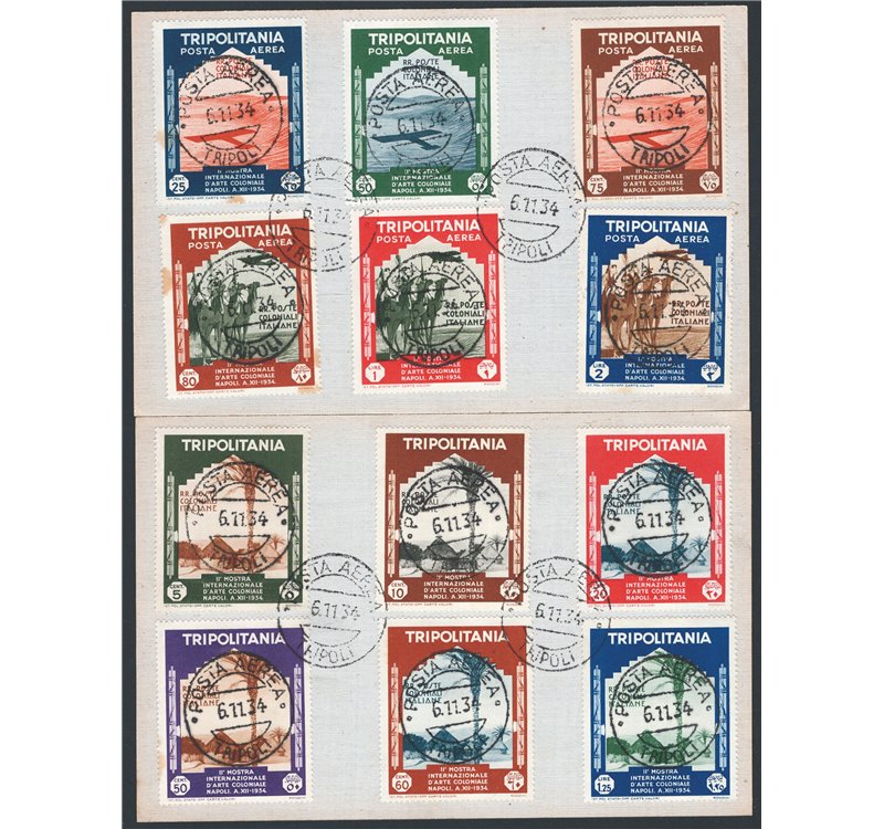 Tripolitania - 1934 - Mostra d'Arte Coloniale, serie n° 94/99 + P.A. 41/46 su due cartoncini. Cat. € 450 (U/Fr)