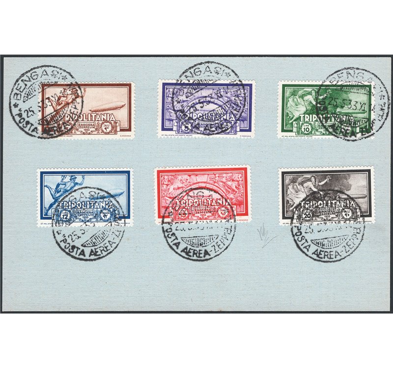 Tripolitania - 1933 - P.A. Crociera Zeppelin, serie n° 22/27. Cert.: IC. Cat. € 1.750 (U)