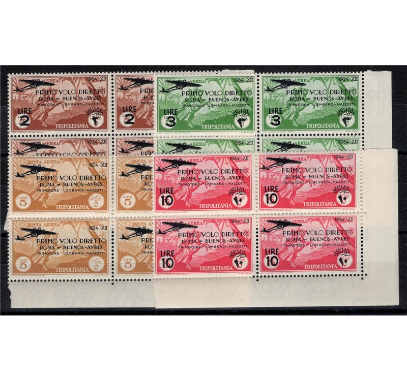 Tripolitania - 1934 - P.A. 1° Volo Roma - Buenos Aires, serie n° 30/33 in quartina d'angolo. Cat. € 340+ (**)