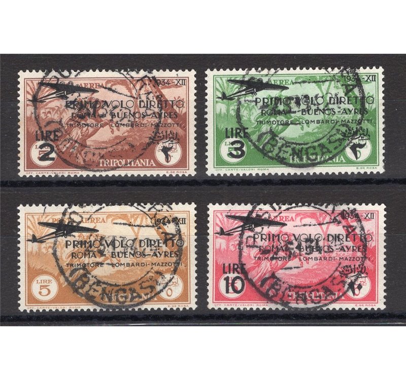 Tripolitania - 1934 - P.A. 1° Volo Roma - Buenos Aires, serie n° 30/33. Cert.: IC. Cat. € 550 (U)