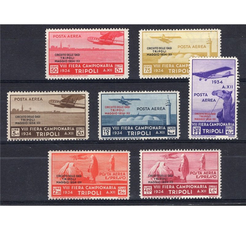 Tripolitania - 1934 - P.A. Circuito delle Oasi, serie n° 34/40. Firm.: ED - Chia. Cert.: IC. Cat. € 3.500 (**)