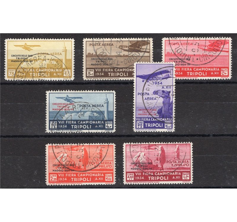 Tripolitania - 1934 - P.A. Circuito delle Oasi, serie n° 34/40. Cert.: Biondi. Cat. € 5.000 (U)