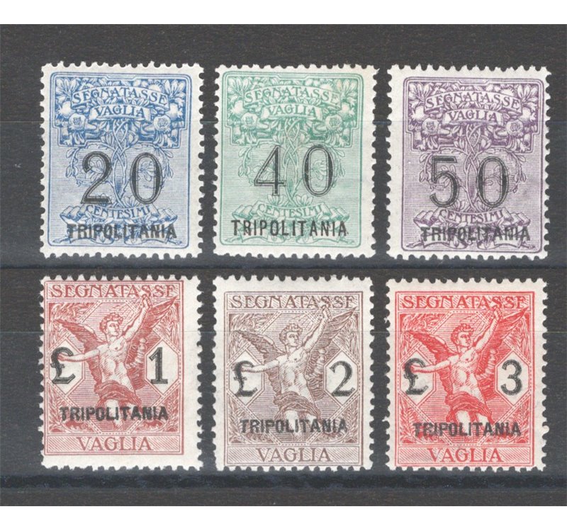 Tripolitania - 1924/26 - Segnatasse vaglia soprast., n° 1+3 - 4/6+8, la serie con il 40 c. con soprast. modificata. Cert.: IC. C