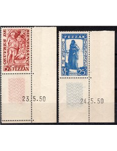 Occup. Straniere delle Colonie - Fezzan - 1950 - Beneficenza, serie n° 27/28 angolo di foglio con data di preparazione dell'emis