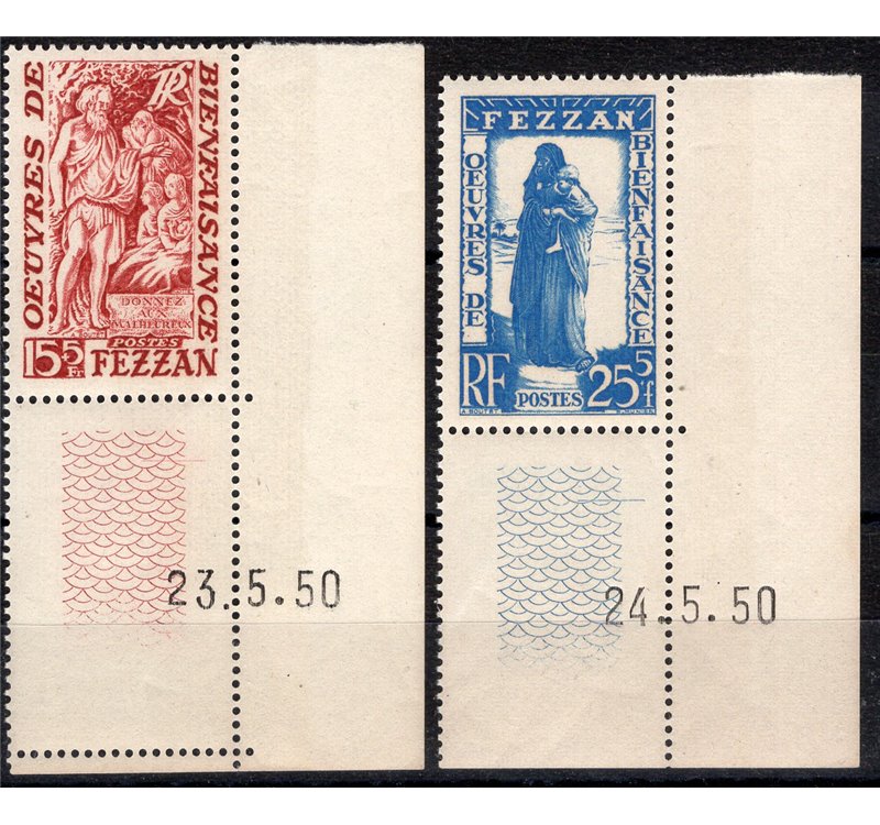 Occup. Straniere delle Colonie - Fezzan - 1950 - Beneficenza, serie n° 27/28 angolo di foglio con data di preparazione dell'emis