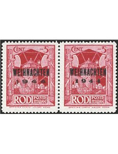 Occup. Straniere delle Colonie - Occup. Tedesca - Egeo - 1944 - Pittorica del 1932 5 c. lilla rosso in coppia orizzontale con so