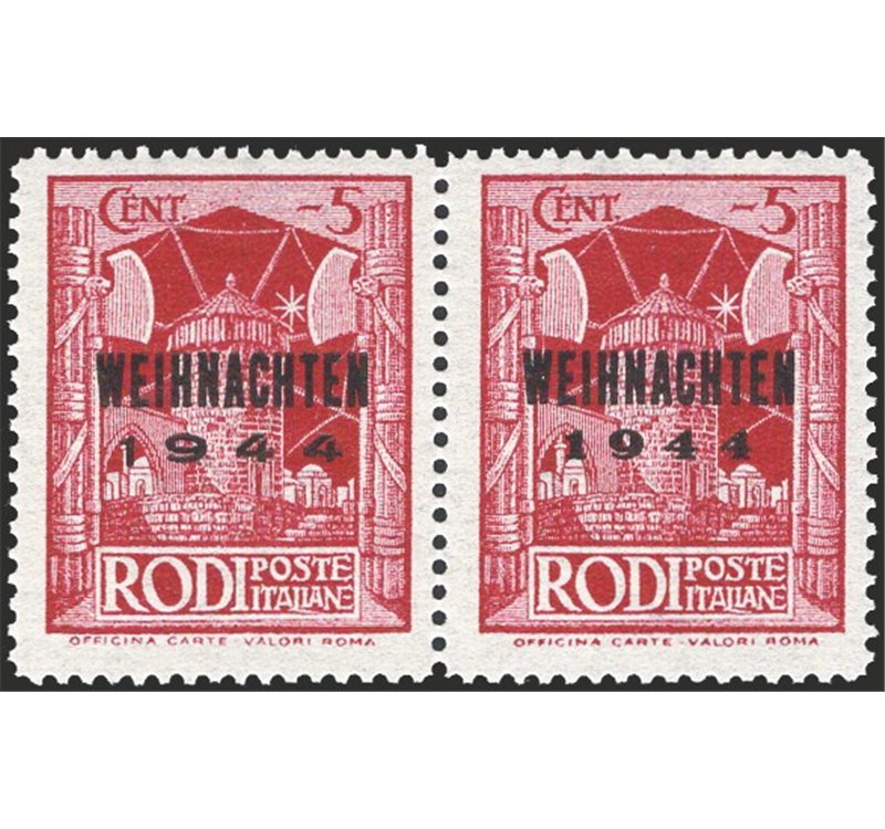 Occup. Straniere delle Colonie - Occup. Tedesca - Egeo - 1944 - Pittorica del 1932 5 c. lilla rosso in coppia orizzontale con so