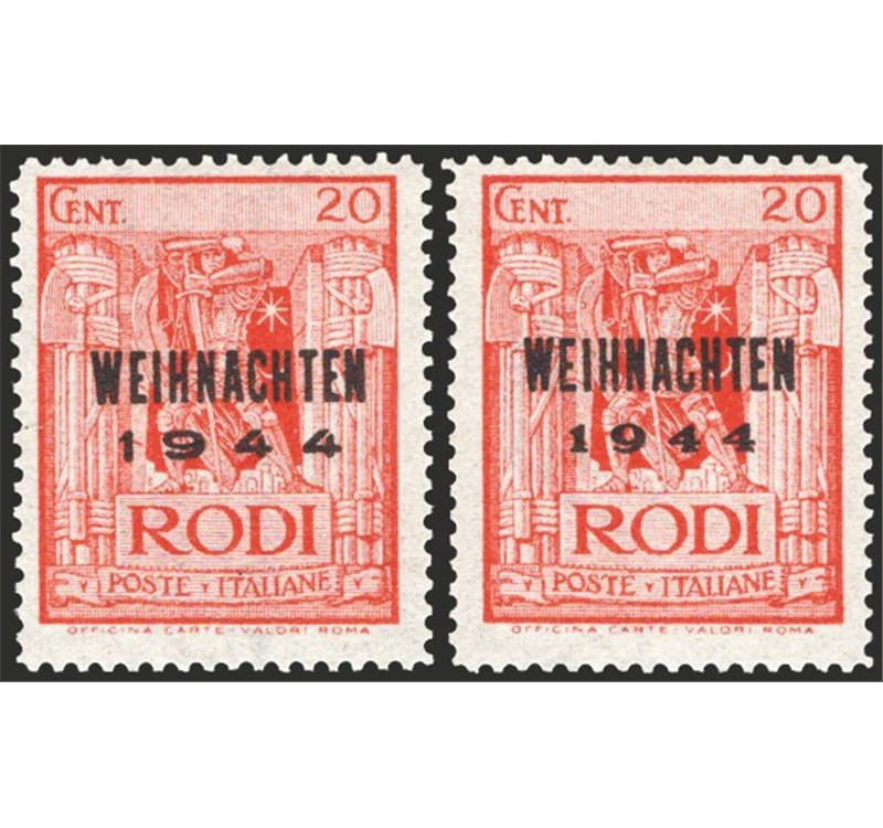 Occup. Straniere delle Colonie - Occup. Tedesca - Egeo - 1944 - Saggi Pittorica 220 c. rosso con soprast. di prova saggio non uf
