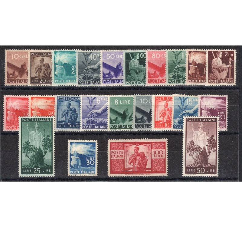 1945/48 - Democratica, serie n° 543/65 con ottima centratura. Cert.: IC. Cat. € 2.025 (**)