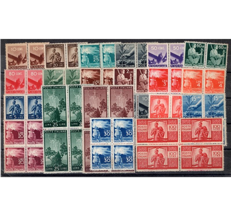 1945/48 - Democratica in quartina, serie n° 543/565. Cert.: Apicella. Cat. € 5.750 (**)
