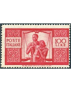 1948 - Democratica 100 £ carminio vivo con filigrana ruota 1° tipo, n° 565A. Cert.: Biondi. Cat. € 30.000 (**)