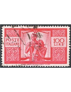 1947 - Democratica 100 £ carminio vivo su carta bianca II lastra dent. 13,90x13,30 con posiz. di filigrana "NCD", Sass. Spec. n°