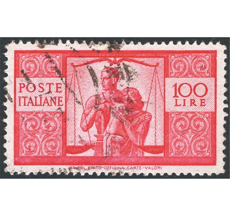 1947 - Democratica 100 £ carminio vivo su carta bianca II lastra dent. 13,90x13,30 con posiz. di filigrana "NCD", Sass. Spec. n°