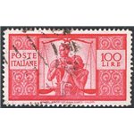 1947 - Democratica 100 £ carminio vivo su carta bianca II lastra dent. 13,90x13,30 con posiz. di filigrana "NCD", Sass. Spec. n°