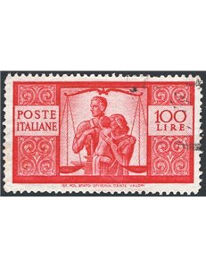 1946 - Democratica 100 £ carminio vivo su carta bianca II lastra dent. 14,15x14,15 con posiz. di filigrana "ND", Sass. Spec. n° 