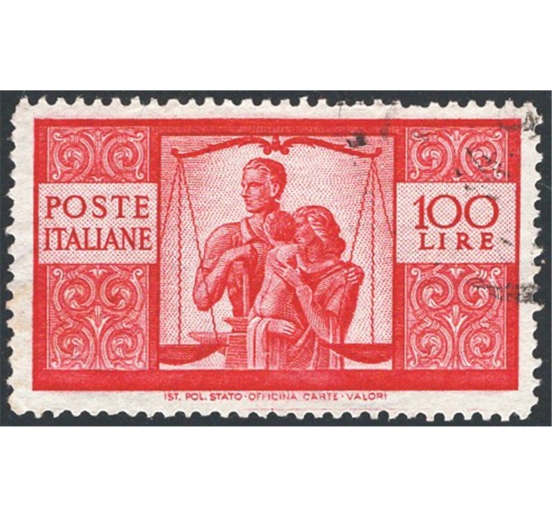 1946 - Democratica 100 £ carminio vivo su carta bianca II lastra dent. 14,15x14,15 con posiz. di filigrana "ND", Sass. Spec. n° 