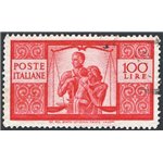 1946 - Democratica 100 £ carminio vivo su carta bianca II lastra dent. 14,15x14,15 con posiz. di filigrana "ND", Sass. Spec. n° 