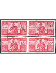 1946 - Democratica 100 £ carminio vivo su carta bianca I lastra dent. 14,15x14,15 con posiz. di filigrana "NS", Sass. Spec. n° 2