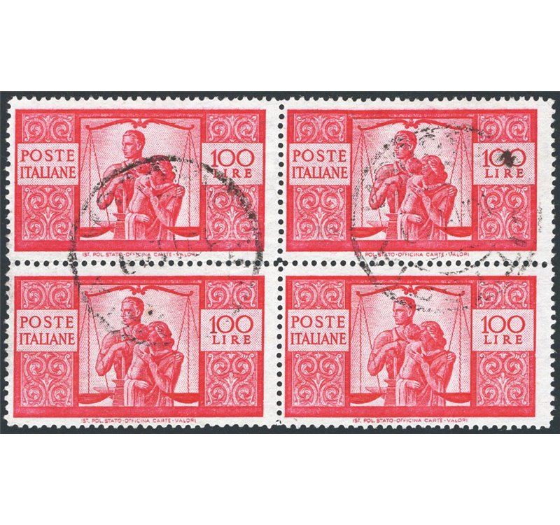 1946 - Democratica 100 £ carminio vivo su carta bianca I lastra dent. 14,15x14,15 con posiz. di filigrana "NS", Sass. Spec. n° 2