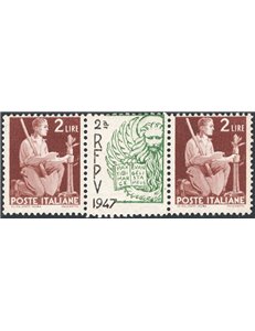 1947 - Democratica 2 £ in coppia con interspazio dedicata al raduno filatelico di Venezia, n° 552 (**)
