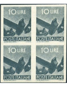 1945 - Democratica 10 £ ardesia in quartina falso di Milano per frodare la posta. Splendido blocco di 4 non dentellato ma con go