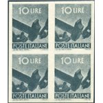 1945 - Democratica 10 £ ardesia in quartina falso di Milano per frodare la posta. Splendido blocco di 4 non dentellato ma con go