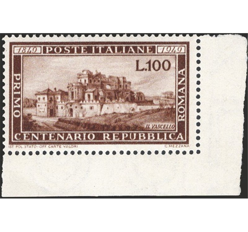 1949 - Repubblica Romana, n° 600 angolo di foglio. Cert.: IC. Cert.: Massensini. Cat. € 340 (**)