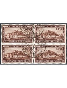 1949 - Repubblica Romana 100 £, n° 600 in quartina. Cert.: IC. Cat. € 1.600 (U)