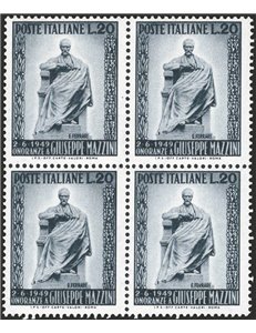 1949 - Mazzini 20 £, n° 604 in quartina. Cat. € 65 (**)
