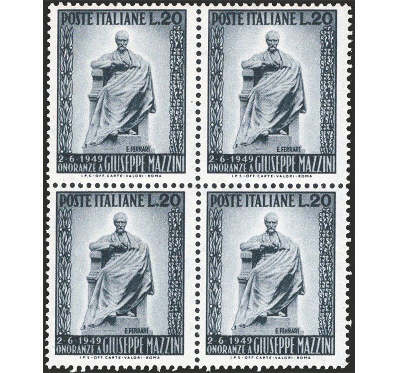 1949 - Mazzini 20 £, n° 604 in quartina. Cat. € 65 (**)