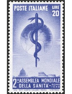 1949 - Sanità 20 £ violetto, n° 607 in quartina. Cat. € 50 (**)
