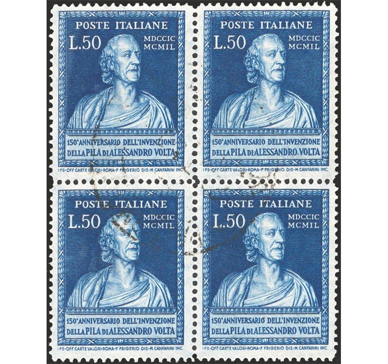 1949 - Volta 50 £ azzurro, n° 612 in quartina. Cat. € 270 (U)