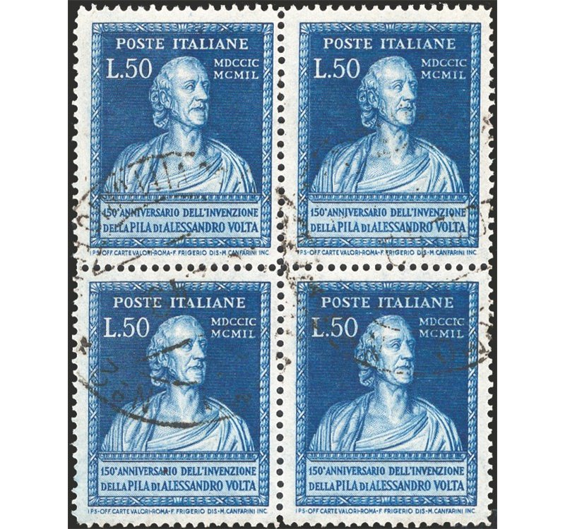 1949 - Volta 50 £ azzurro con filigrana lettere 10/10 nei due esemplari superiori, n° 612 in quartina