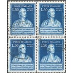 1949 - Volta 50 £ azzurro con filigrana lettere 10/10 nei due esemplari superiori, n° 612 in quartina