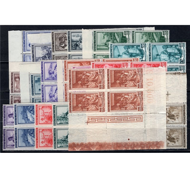 1950 - Italia al Lavoro, serie n° 634/52 in quartina. Cert.: Partenophil. Cat. € 1.100 (**)