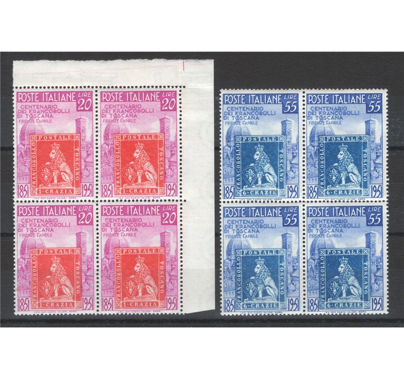 1951 - Toscana, serie n° 653/54 in quartina. Cert.: IC. Cat. € 250 (**)