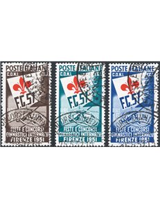 1951 - Ginnici, serie n° 661/63 con annulli originali della manifestazione. Cert.: Biondi. Cat. € 2.250 (U)