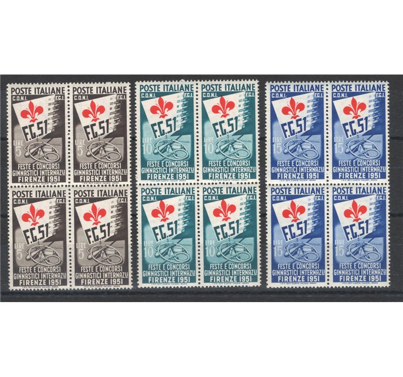 1951 - Ginnici, serie n° 661/63 in quartina. Cert.: IC. Cat. € 500 (**) 