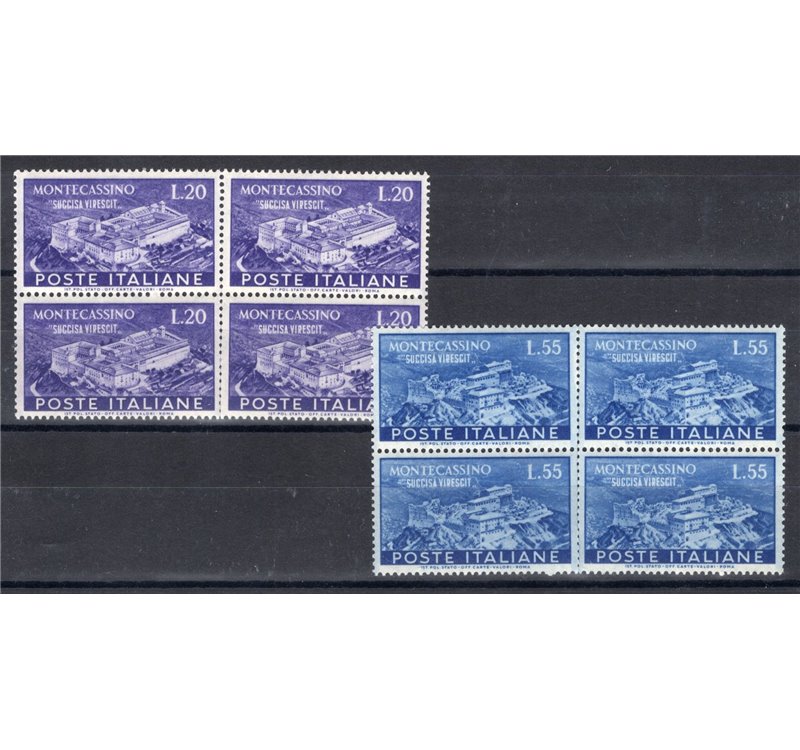 1951 - Montecassino, serie n° 664/65 in quartina. Cert.: IC. Cat. € 475 (**)