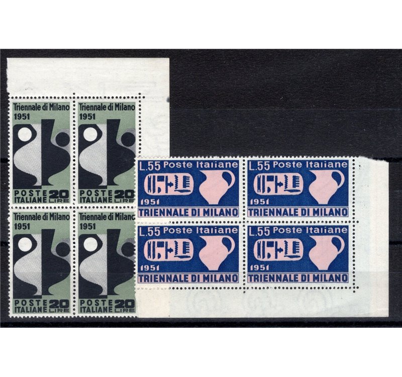 1951 - Triennale di Milano, serie n° 666/67 in quartina d'angolo. Cert.: IC. Cat. € 300 (**)