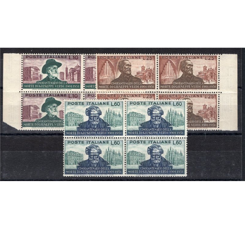 1951 - Verdi, serie n° 677/79 in quartina. Cert.: IC. Cert.: Partenophil. Cat. € 335 (**)