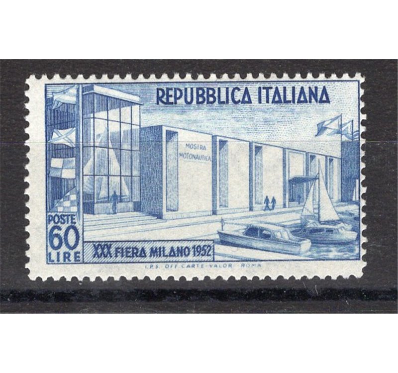 1952 - Fiera di Milano 60 £ azzurro, n° 685a dent. 14x13¾. Cat. € 80 (**)