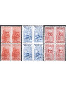 1952 - Leonardo da Vinci, serie n° 686/88 in quartina. Cat. € 150 (**)