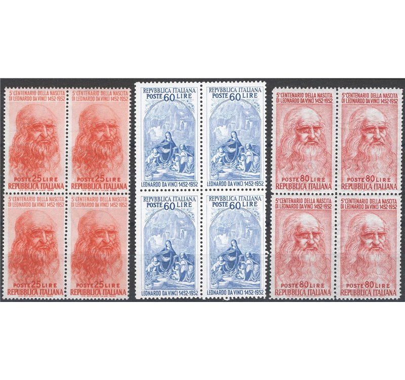 1952 - Leonardo da Vinci, serie n° 686/88 in quartina. Cat. € 150 (**)
