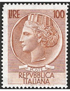 1955 - Italia Turrita formato grande 100 £ bruno filigrana stella dent. 13¼x14, n° 785/III. Cert.: IC. Cert.: Colla (copia certi
